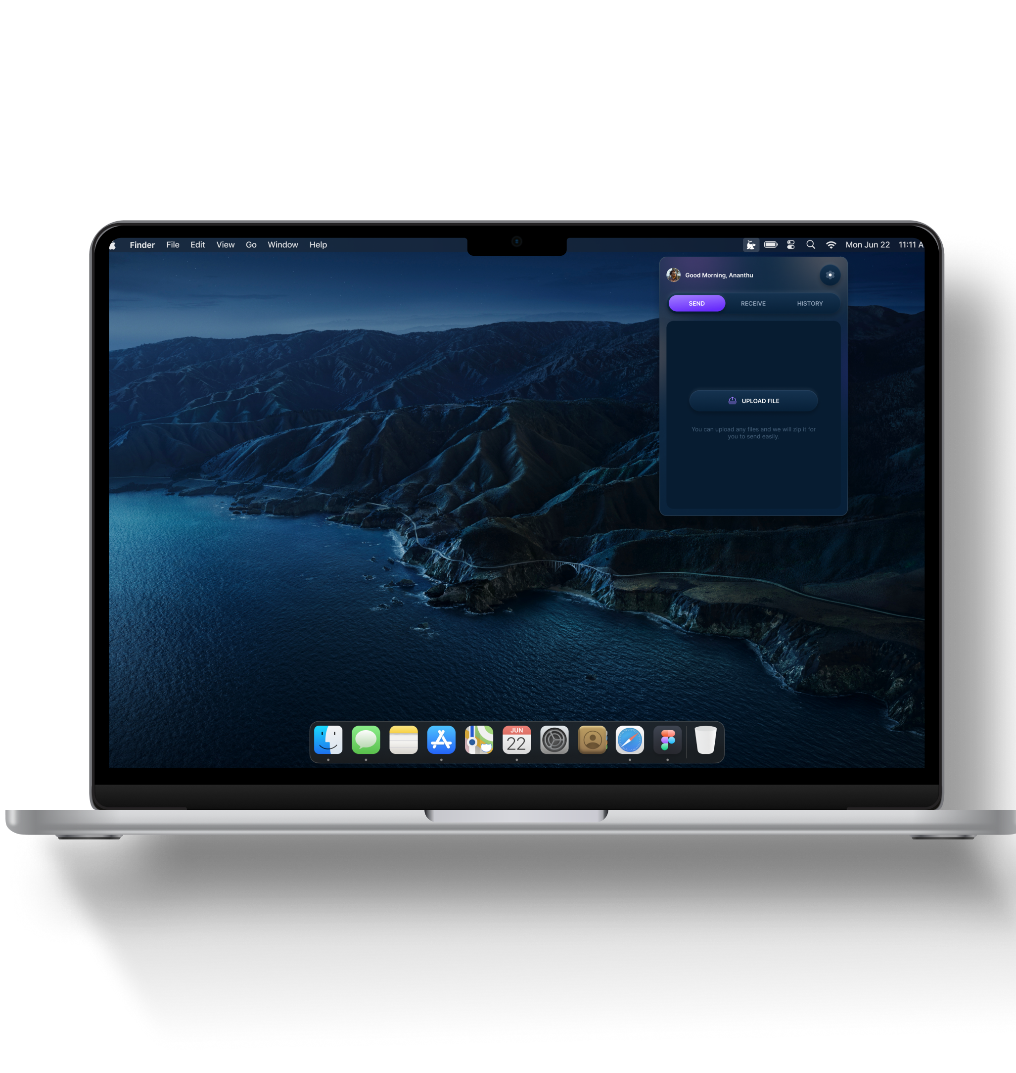 Bloopme file-sharing panel shown in the MacOS menubar on a laptop screen