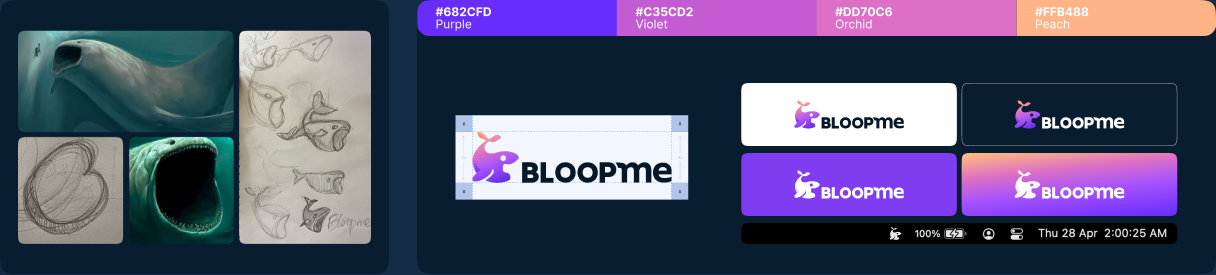 Bloopme mascot research sketches and the resulting wordmark logo in light and dark variants