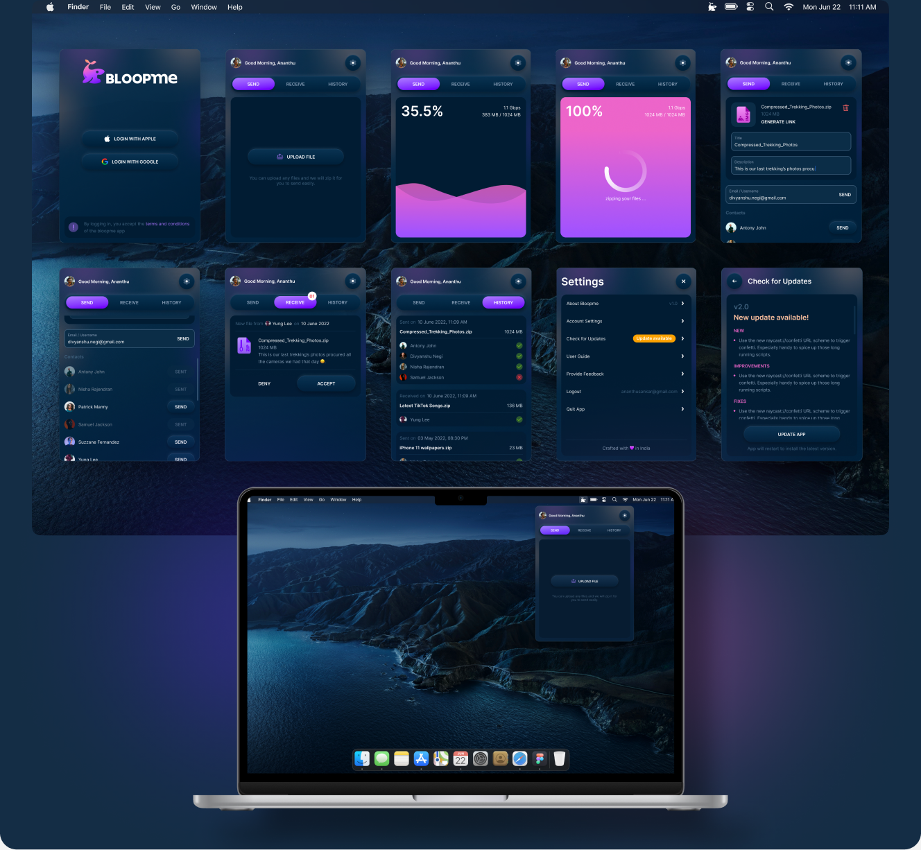 Bloopme app screens and component states shown against a MacOS desktop wallpaper
