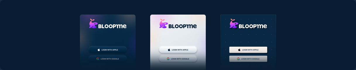 Three explored login-screen styles for Bloopme in dark, light, and dotted-dark themes