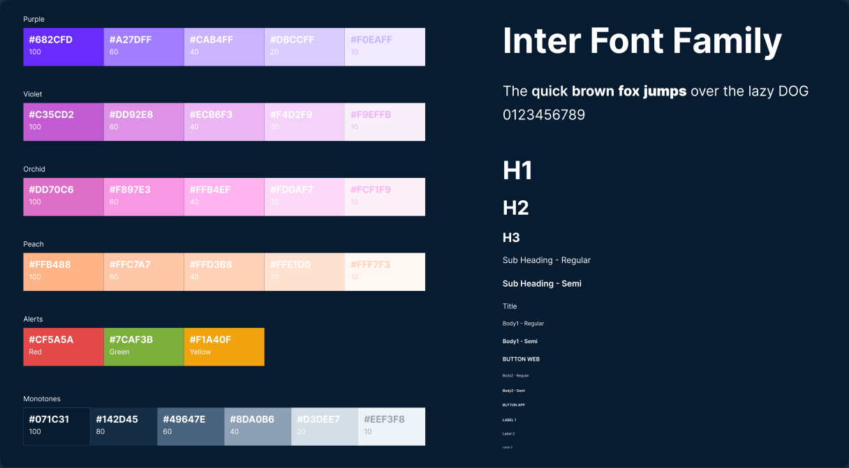 Bloopme color palette and Inter type scale style guide