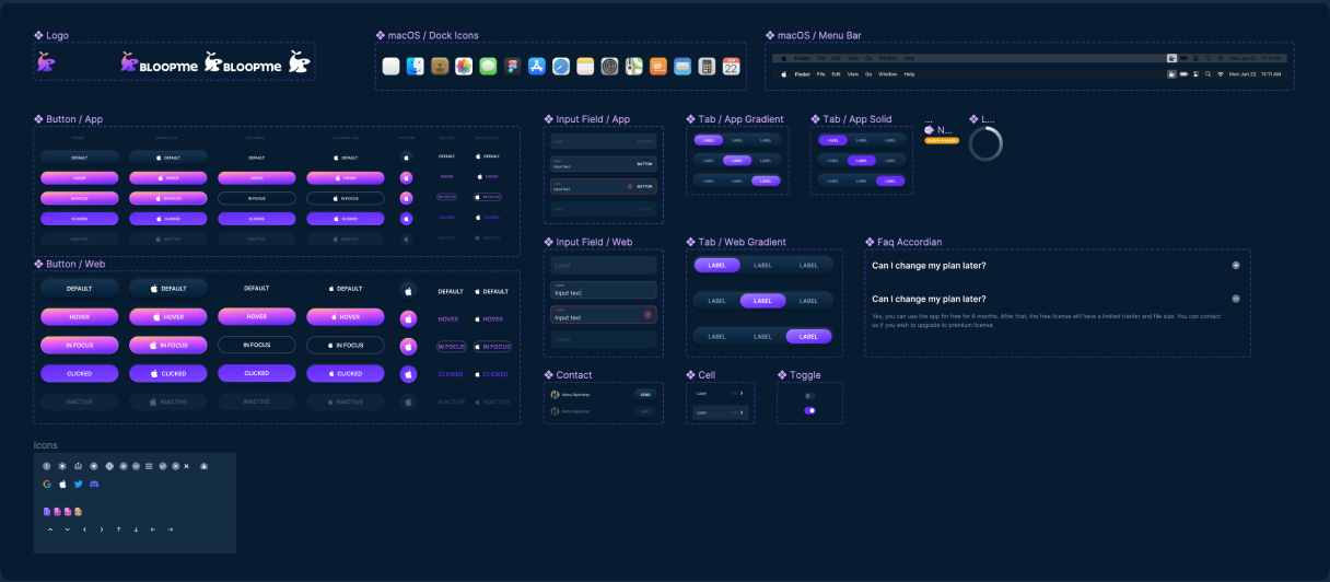 Bloopme component sheet covering buttons, inputs, tabs, and icons