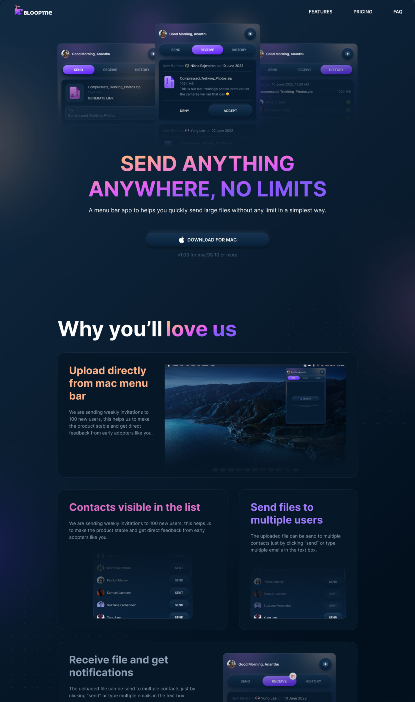 Bloopme product website landing page with hero, feature highlights, and download CTA