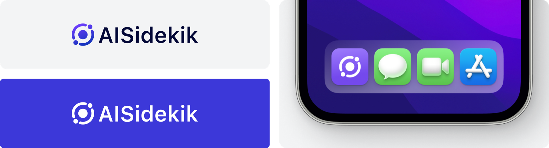 AISidekik brand identity: logo lockups and iPhone home-screen app icon