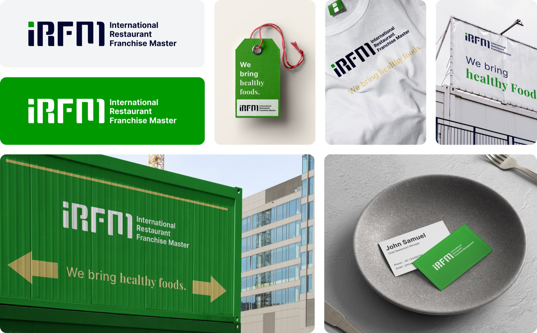 iRFM (International Restaurant Franchise Master) brand identity: logo, hang tag, apparel, billboard, shipping container, and business cards