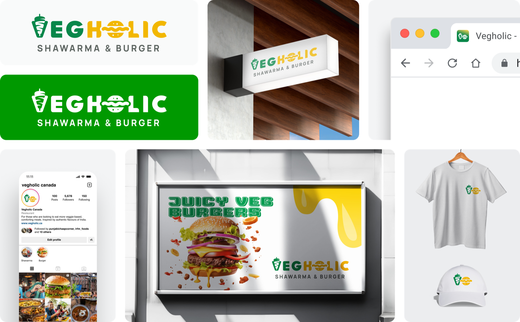 Vegholic Shawarma & Burger brand identity: logo, signage, website tab, Instagram profile, billboard, and apparel