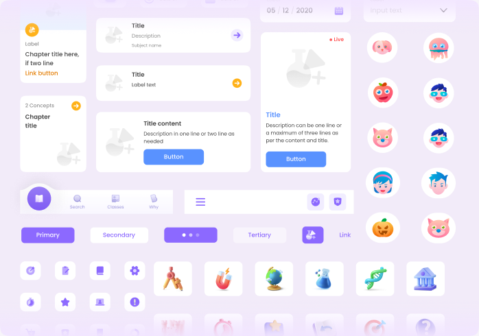 BTLA 3.0 component sheet covering cards, tabs, navigation, buttons, and subject icons