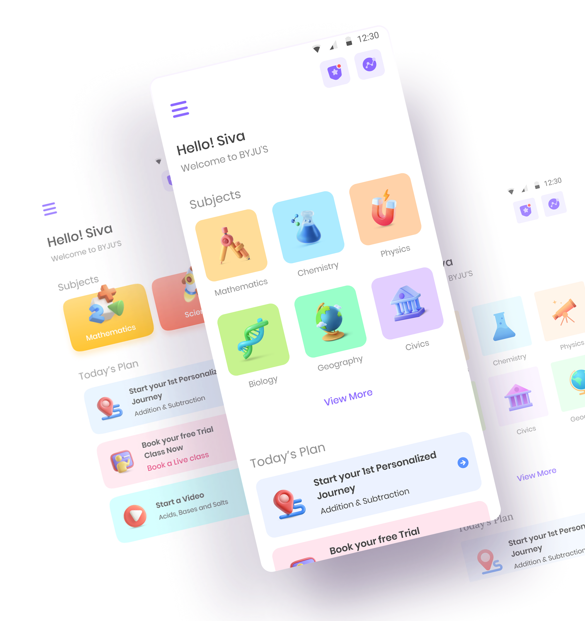 BYJU'S BTLA 3.0 mobile app home screens showing subjects and today's plan