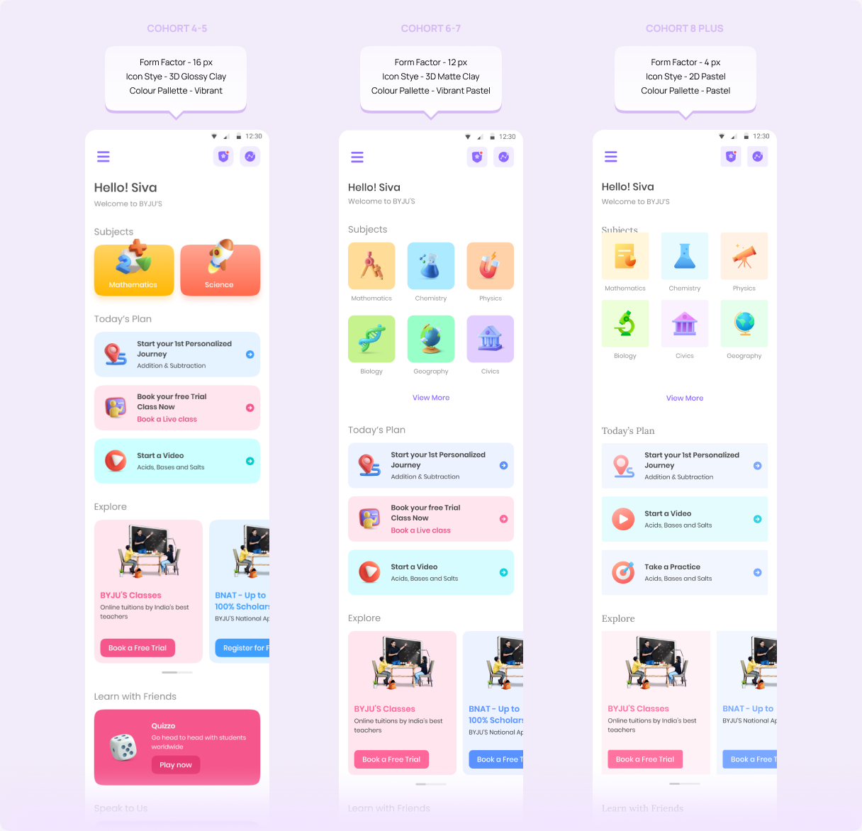 Side-by-side comparison of the three cohort styles: vibrant 3D glossy, matte pastel, and 2D pastel