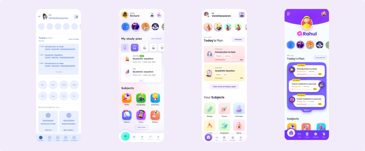 Four early home-screen design variations exploring different visual directions