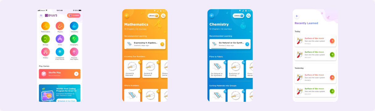 Evaluation of the existing BTLA app's subject, mathematics, chemistry, and recently-learned screens