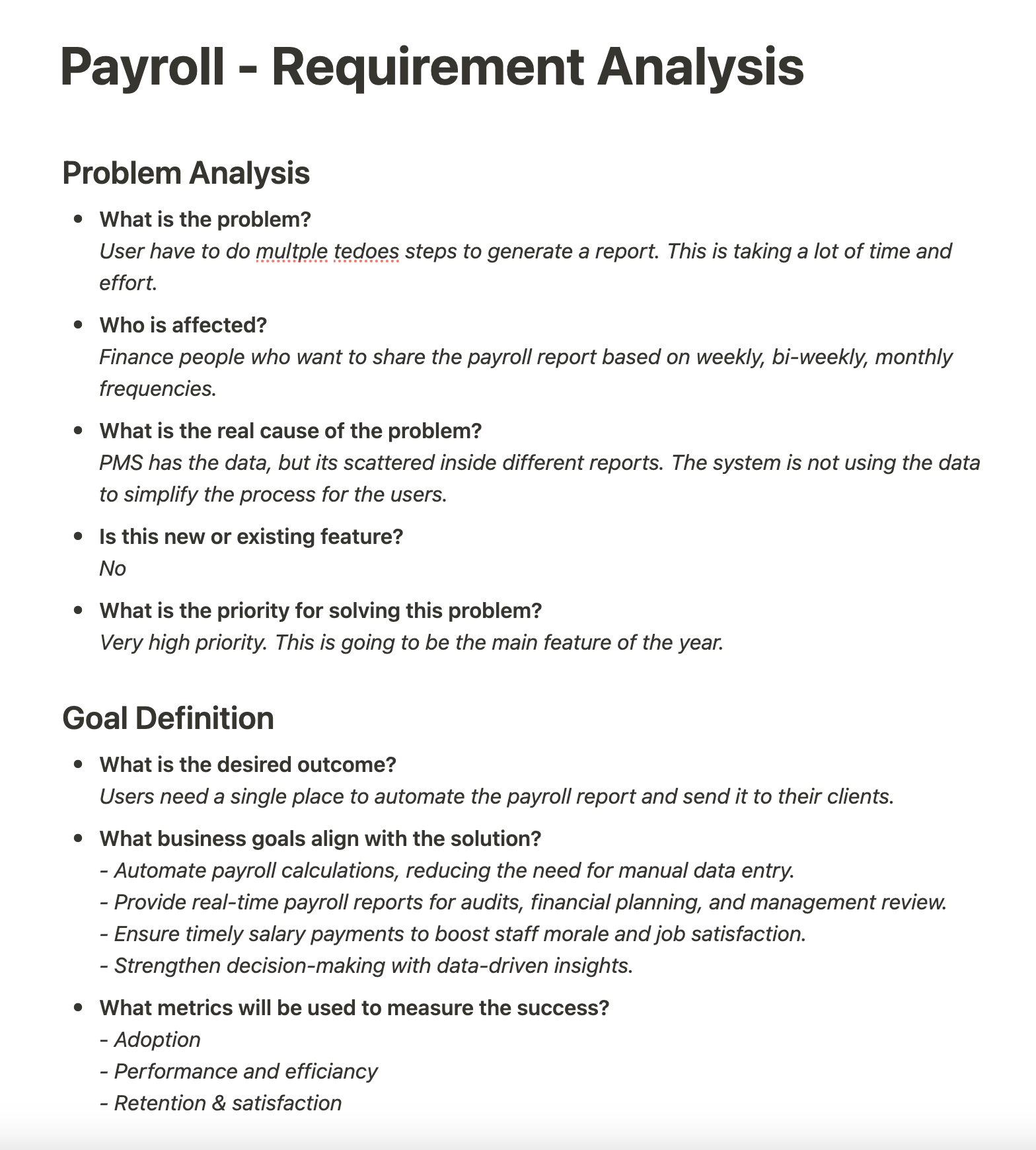 Structured questionnaire used to break down payroll requirements