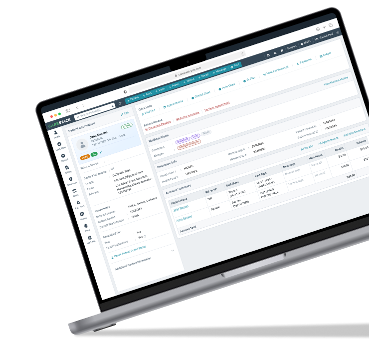 CareStack Patient Management System shown on a laptop screen