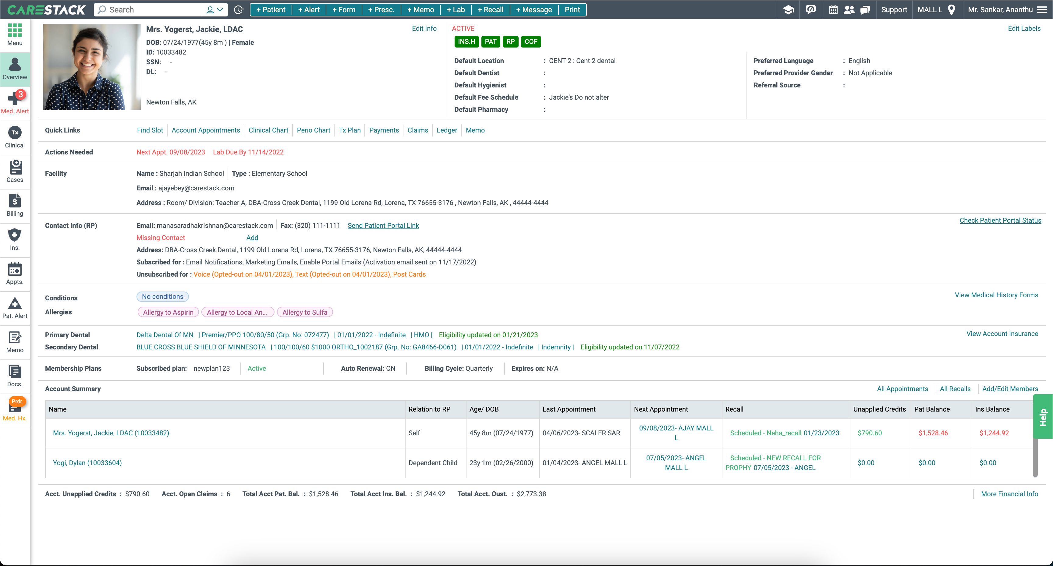 Legacy CareStack PMS dashboard, screen 2