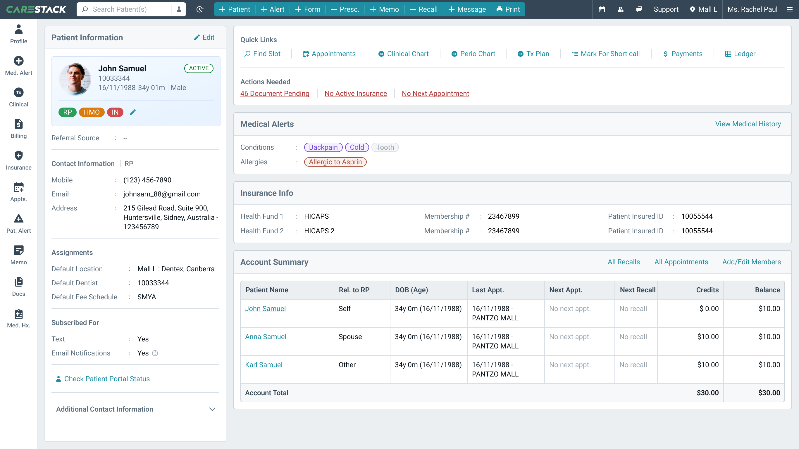 Modernised CareStack PMS dashboard, screen 2