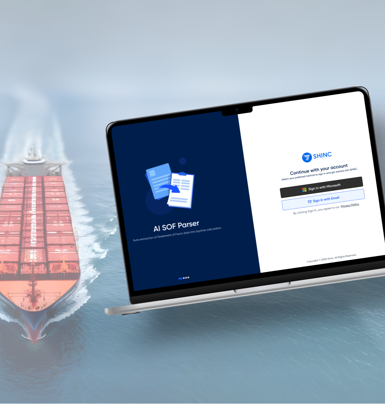 SHINC sign-in screen next to the AI SOF Parser onboarding panel, shown on a laptop, with a cargo vessel at sea behind it