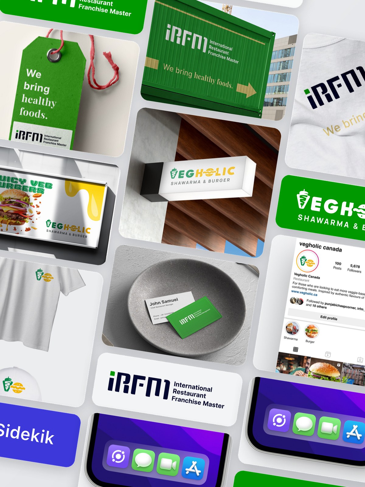 A tilted collage of logos, mockups and brand applications