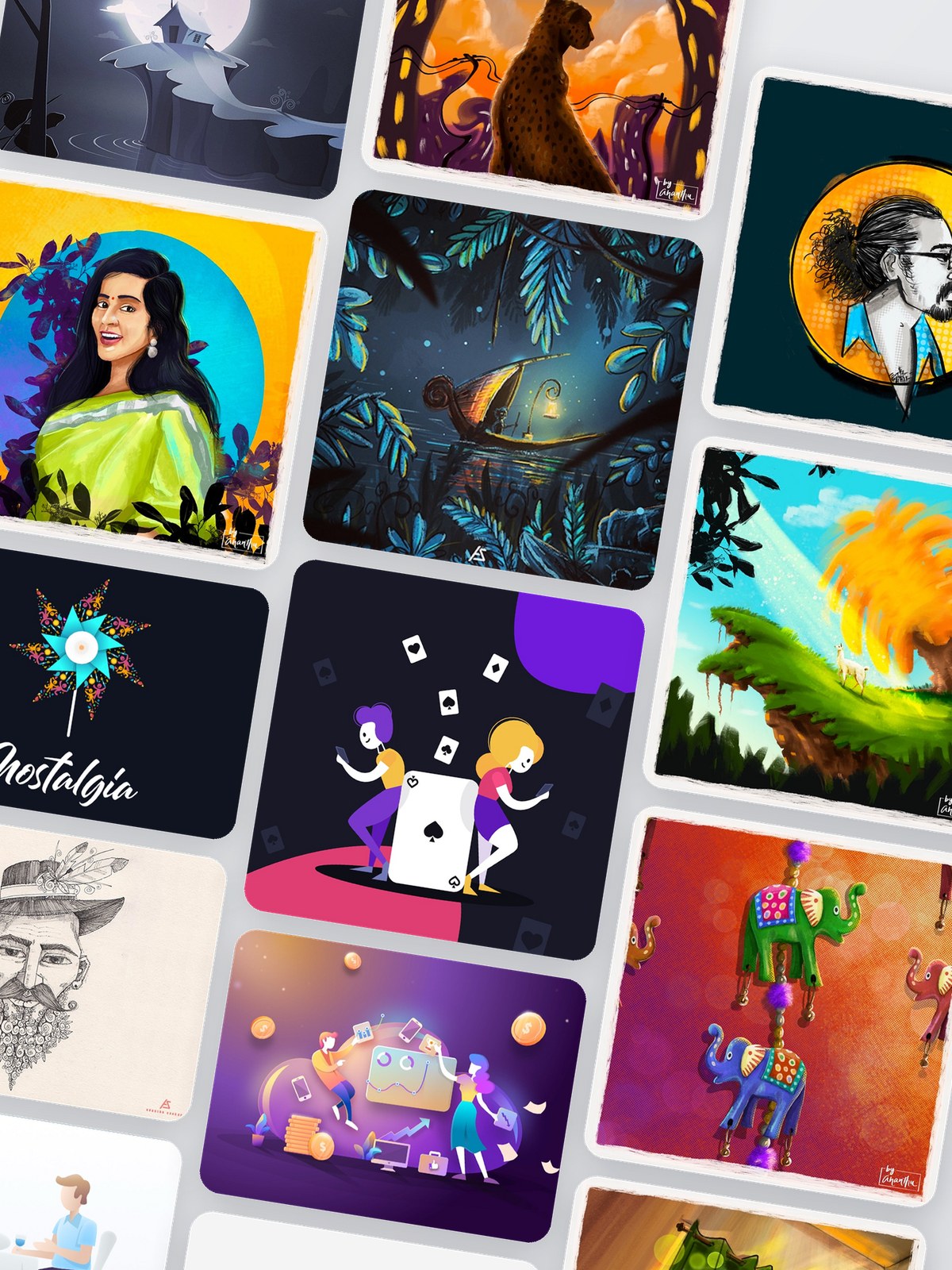 A tilted collage of illustrations, portraits and sketches